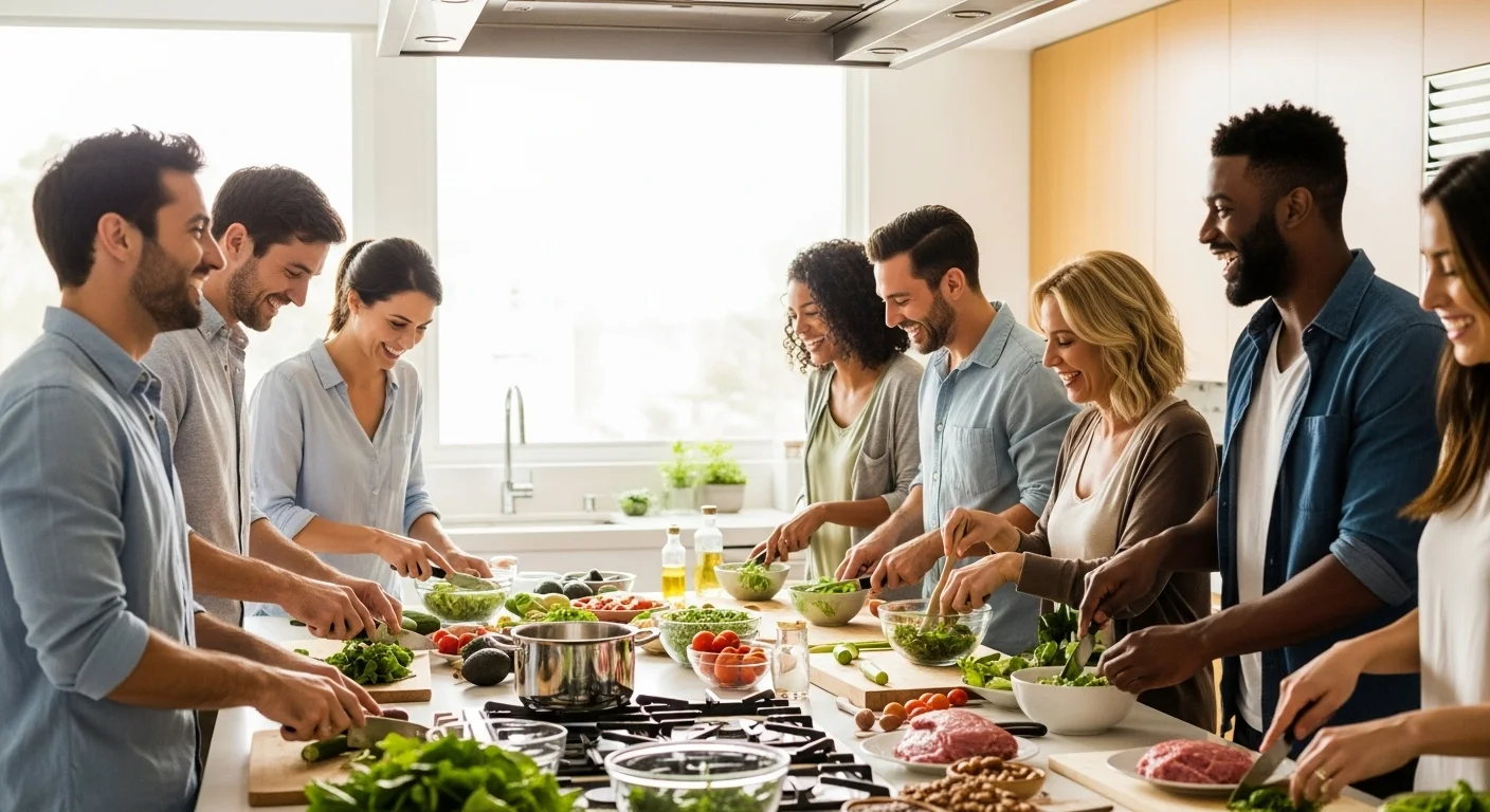 Group of people cooking keto meals together