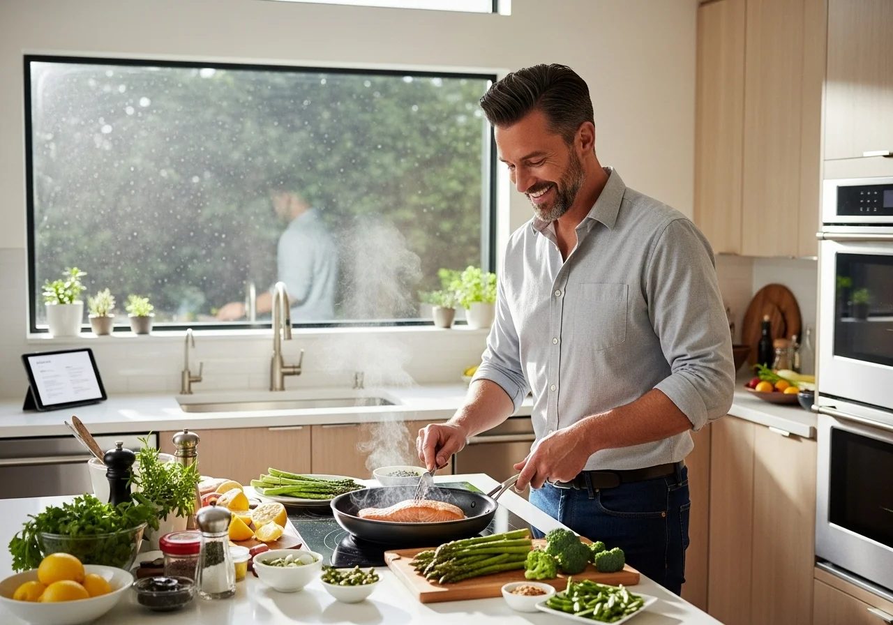 Man happily cooking a healthy keto meal