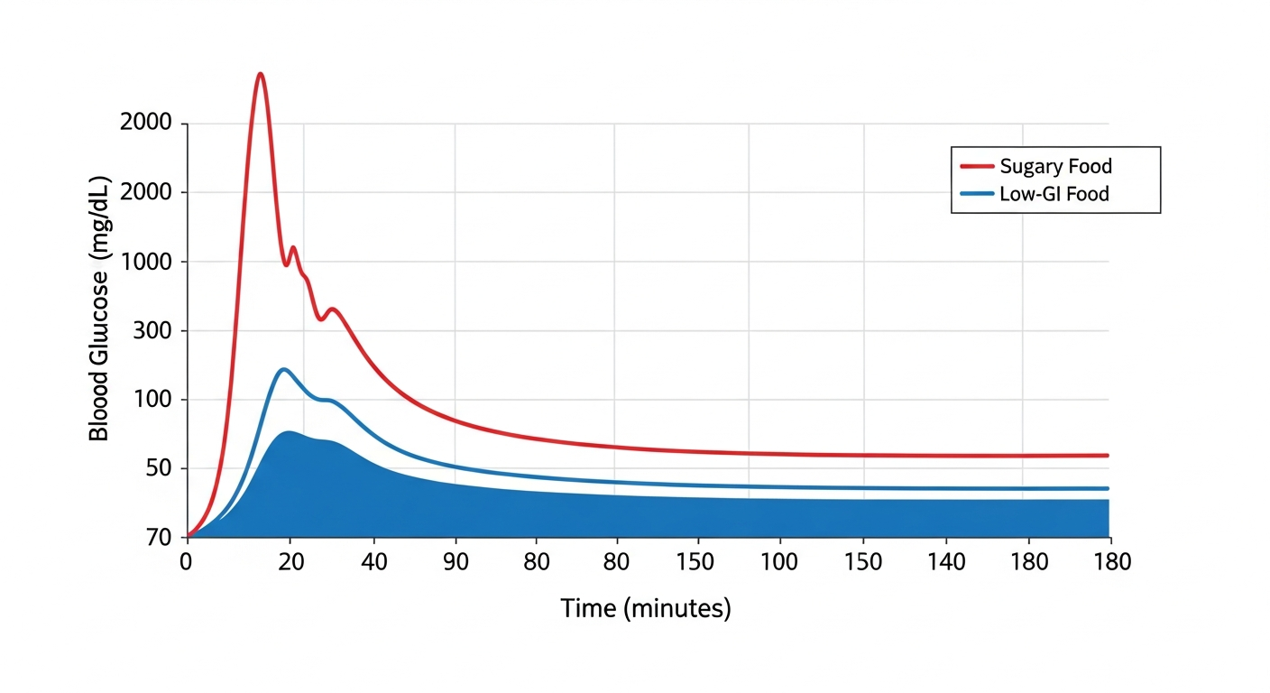 Blood sugar spike comparison graph showing sugar vs low-GI foods