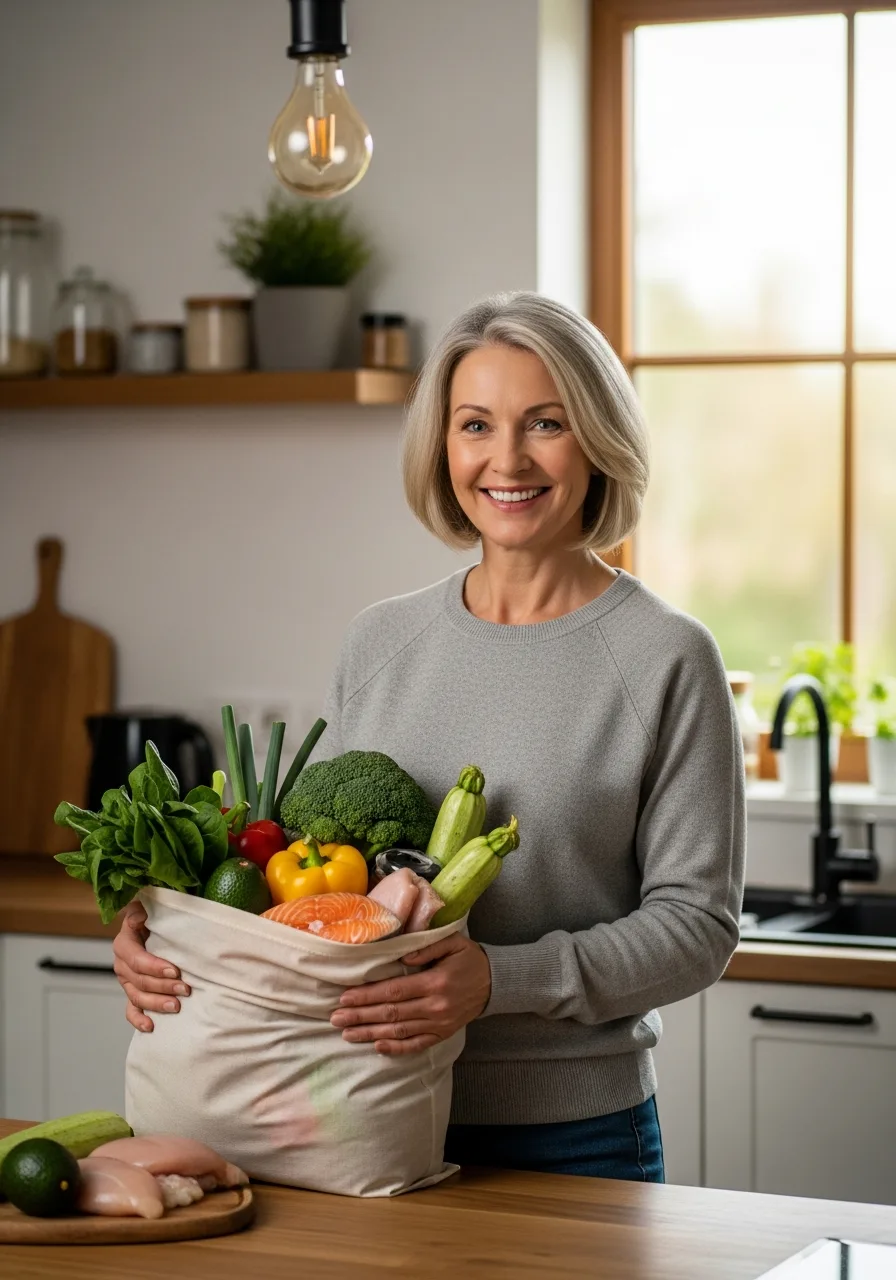 Confident woman holding grocery bag with healthy keto foods