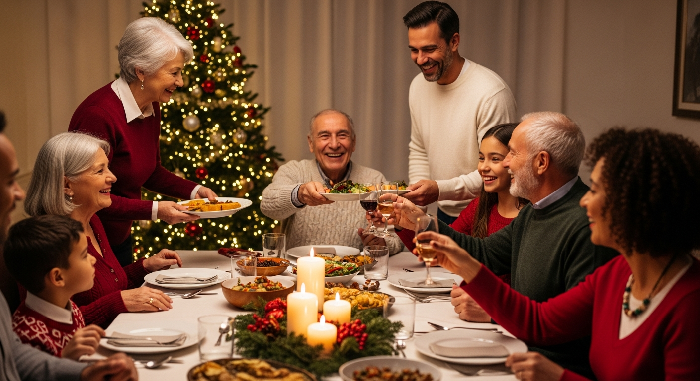 Family gathered around the holiday table celebrating together