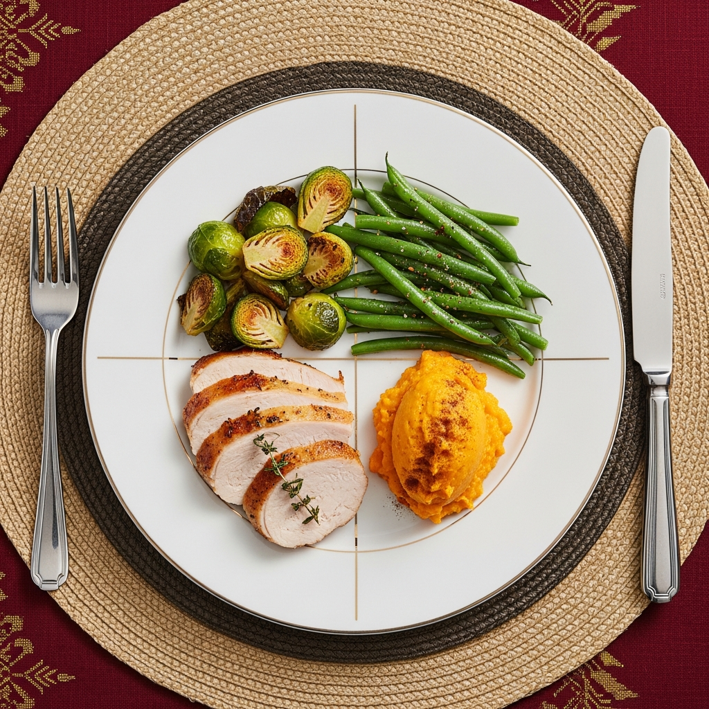 Overhead view of ideal holiday plate portions