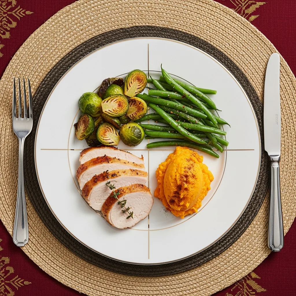 Overhead view of ideal holiday plate portions
