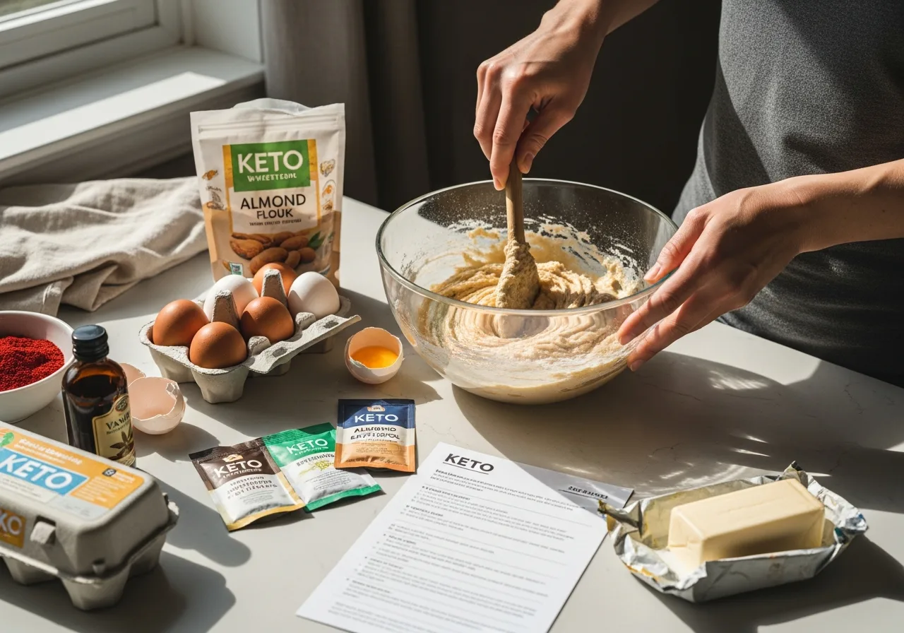Cozy keto baking scene with sweeteners and ingredients