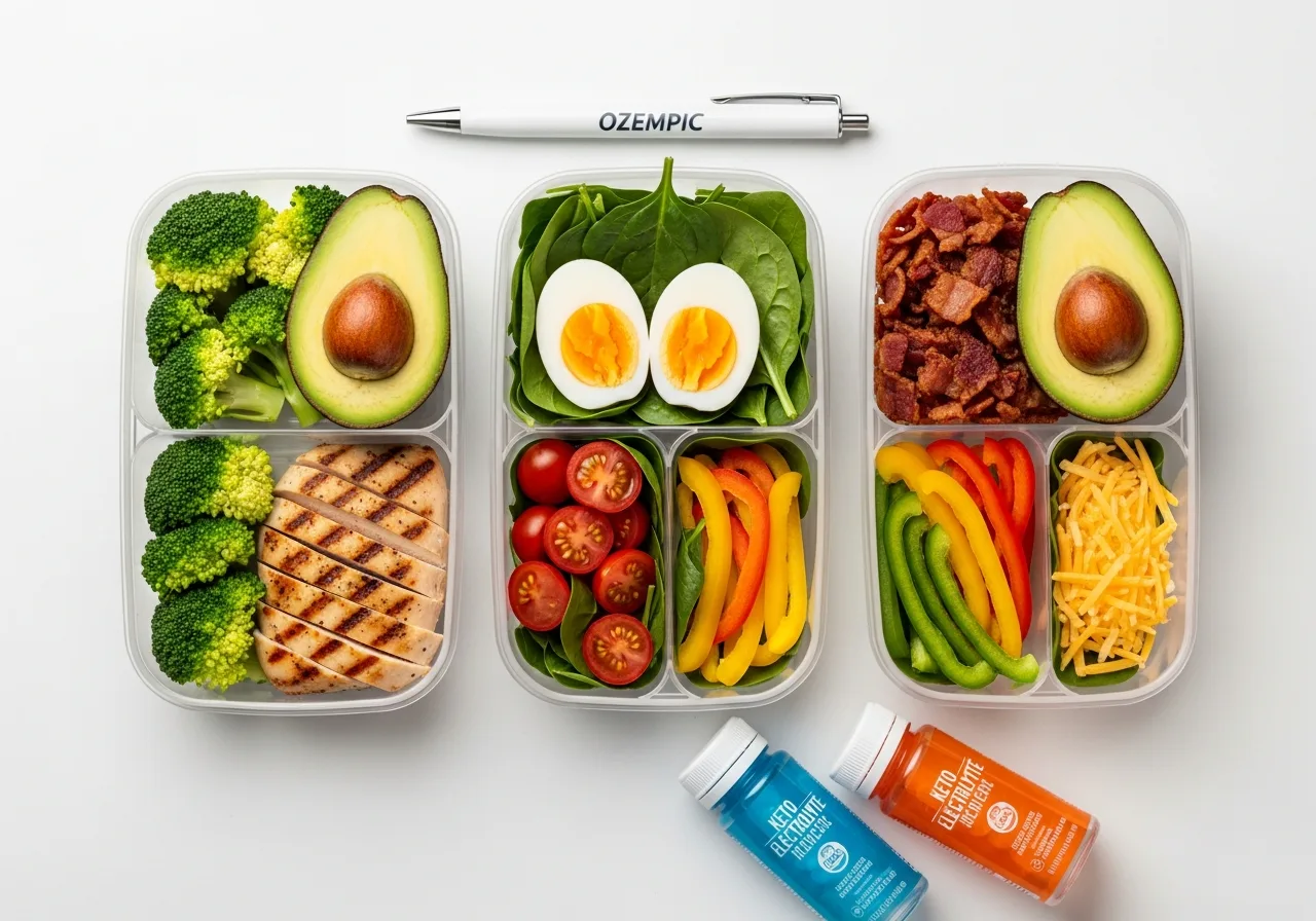 Meal prep containers with keto food and supplements