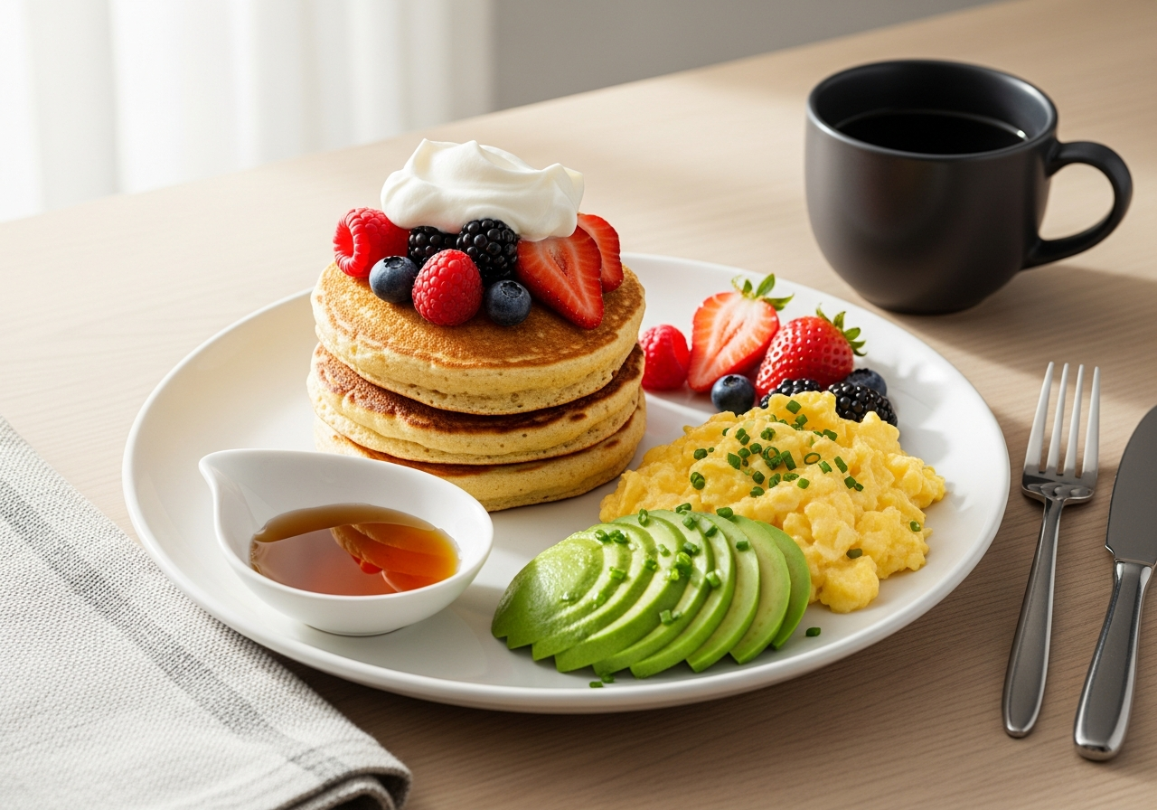 Low-GI keto breakfast with pancakes, berries, and coffee