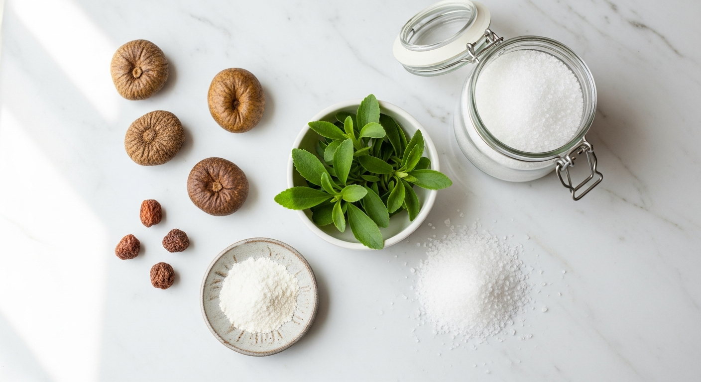 Natural keto sweeteners arranged beautifully on marble surface