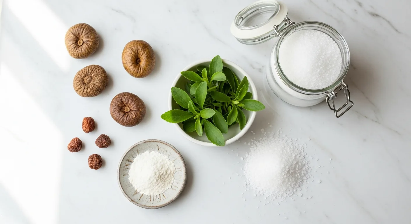 Natural keto sweeteners arranged beautifully on marble surface