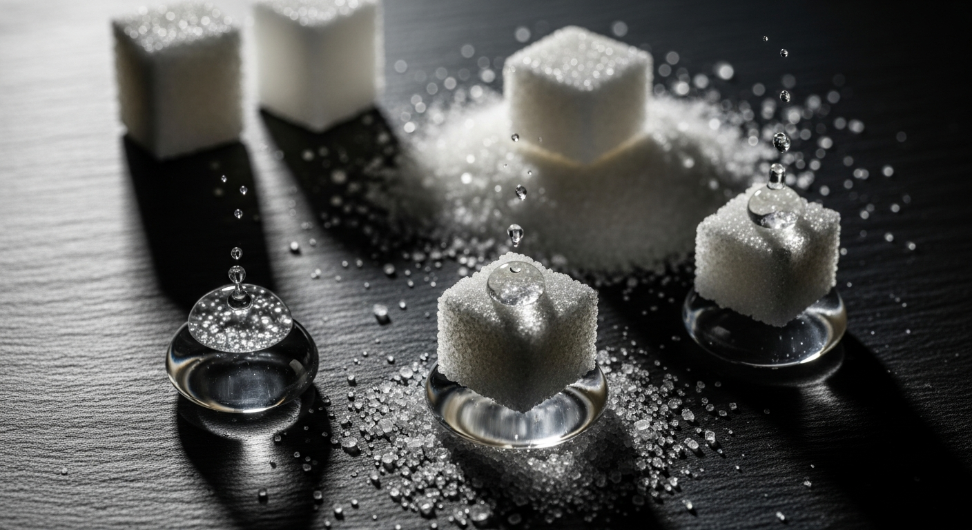 Sugar cubes dissolving in water with dramatic lighting