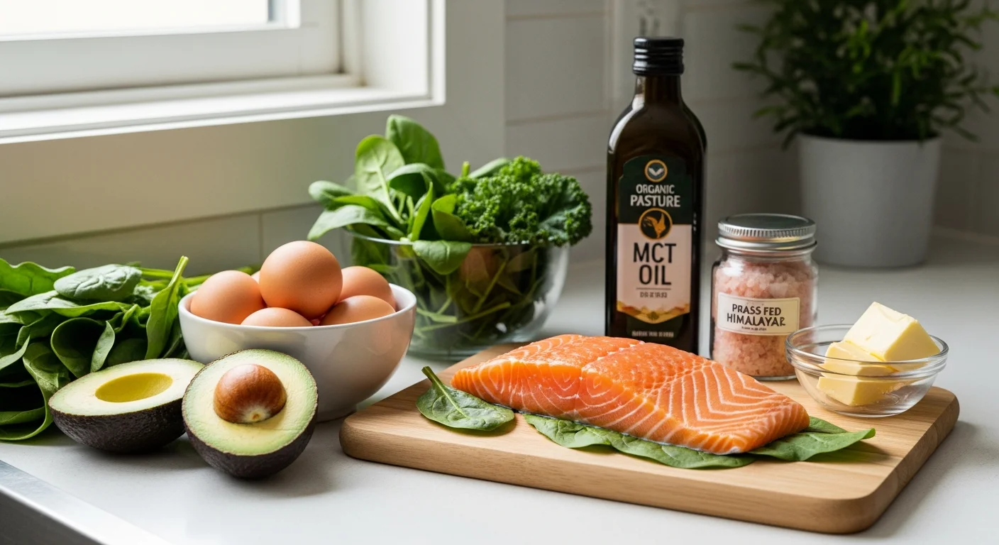 Ketogenic meal prep ingredients including avocados, eggs, salmon, and MCT oil